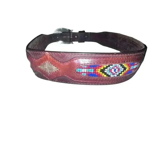 Vintage 90s Leegin Western Brown Leather Belt Beaded Silver Buckle Men 32 Native - Picture 2 of 4